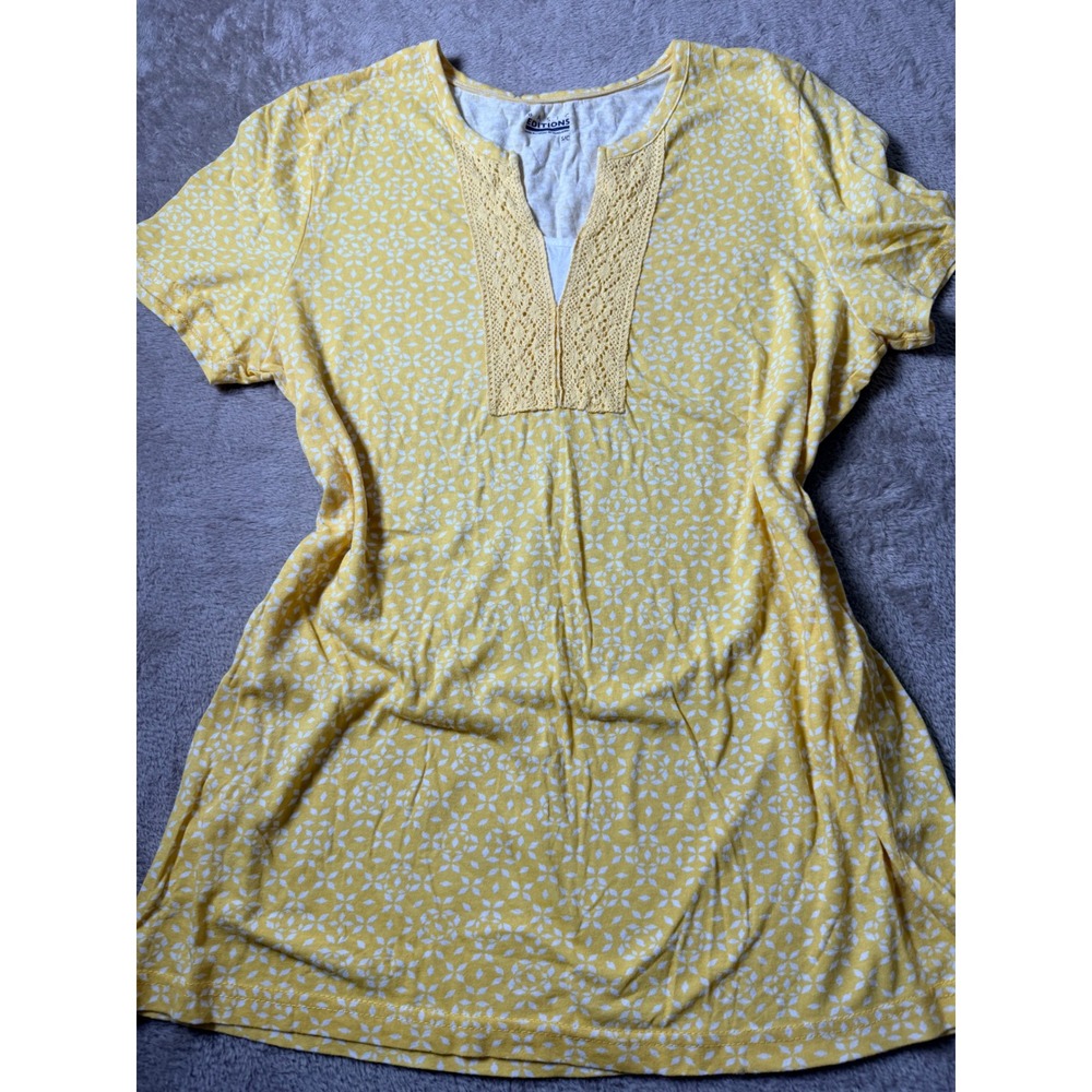 Basic Editions Yellow White Floral Crochet Lace Split Neck Cotton Top Small